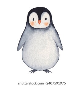 Watercolor animal: penguin, character painting cute animals for card, book illustration isolated on white board.
