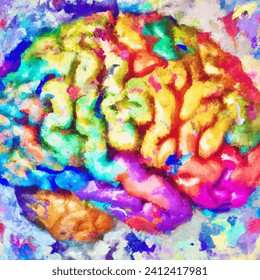 Watercolor artistic image of colourful brain, from overhead, for poster, isolated, top view