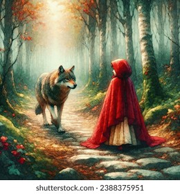 Watercolor artistic image of little red riding hood and the bad wolf