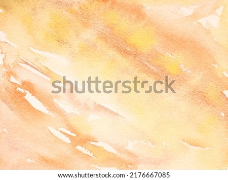 Watercolor autumn texture background. Orange and yellow abstract landscape gradient. Peach batik graphic. Fall color painting. Design illustration brush stroke. Aquarelle art backdrop