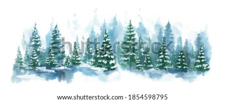 Watercolor Blue landscape of foggy forest hill. Evergreen coniferous trees. Wild nature, frozen, misty, taiga. Horizontal watercolor background.