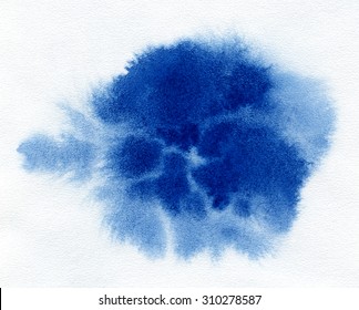 Watercolor. Blue spot on watercolor paper. Abstract blue spot on white background. Ink drop.