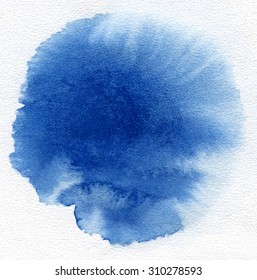 Watercolor. Blue Spot On Watercolor Paper. Abstract Blue Spot On White Background. Ink Drop.