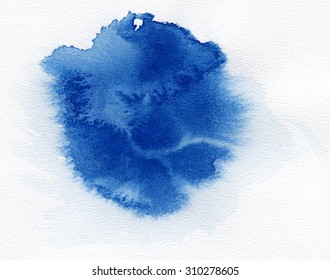 Watercolor. Blue Spot On Watercolor Paper. Abstract Blue Spot On White Background. Ink Drop.