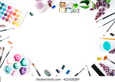 Watercolor   brushes at white background  Flat lay  top view