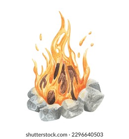 Watercolor burning bonfire with wood and stones on the campfire place. Hand drawn illustration isolated on white background. Perfect traveling, trip, hiking, camping, nature, journey elements.