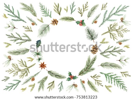 Watercolor Christmas card with fir branches and place for text. Illustration for greeting cards and invitations isolated on white background.
