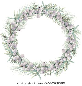 Watercolor Christmas wreath with Spruce branch, Pine needles, White berries, .  Hand painted holiday card isolated on white background. Winter holiday symbols. Wedding decor. - Powered by Shutterstock