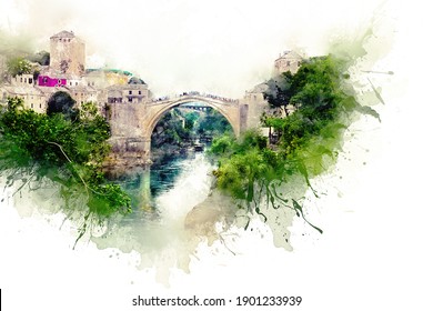 Watercolor drawing. The Old Bridge, Mostar, Bosnia-Herzegovina