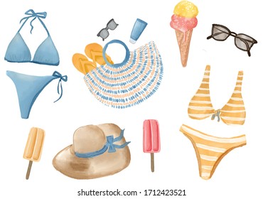 Watercolor Flatlay Illustration Of  Items To Take To The Beach : Bikini, Sunhat, Beach Bag, Sunglasses, Popsicle