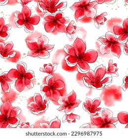 Watercolor flowers pattern, red tropical elements, white background, seamless
