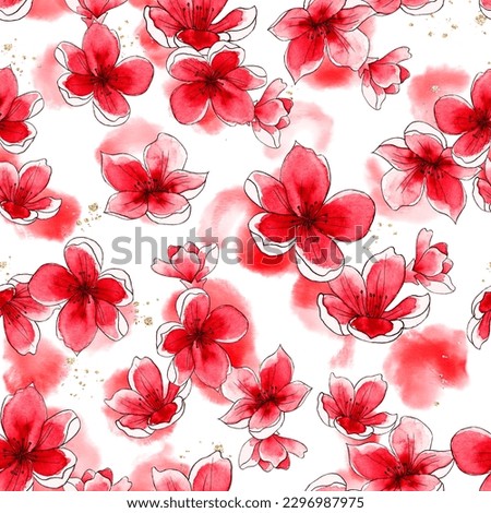 Watercolor flowers pattern, red tropical elements, white background, seamless
