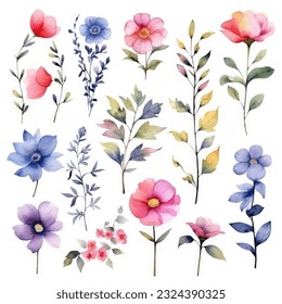 Watercolor flowers. Set Watercolor of multicolored colorful soft flowers. Flowers are isolated on a white background. Flowers pastel colors illustration - Powered by Shutterstock