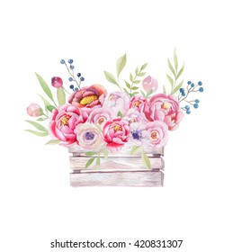 Watercolor flowers wooden box. Hand-drawn chic vintage garden rustic  illustration style. Isolated background  outdoor, decoration design.  Provence watercolour boho style, flower bouquet.