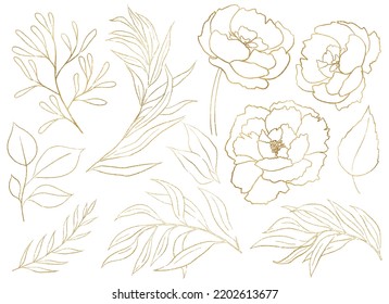 Watercolor golden peony flowers and garden leaves illustration isolated. Romantic floral Elements for wedding stationary, greetings cards. Sparkling golden outline flowers and leaves