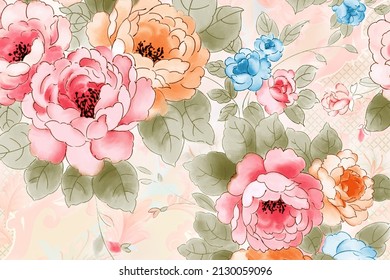 Watercolor hand-painted flowers Paisley rose peony beautiful - Shutterstock ID 2130059096