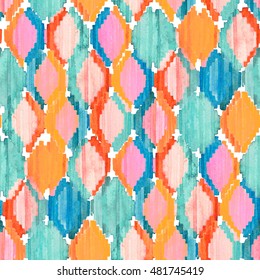 Watercolor ikat seamless pattern. Vibrant ethnic rhombus pattern in watercolour style.