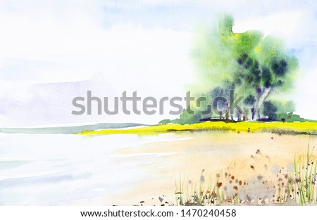 Watercolor illustration of a beautiful summer forest landscape by the lake