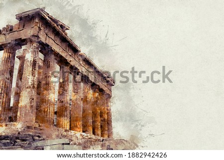 Watercolor illustration of a gorgeous landscape on old paper. Parthenon, ruins of an ancient monument in the Acropolis. Athens, Greece.