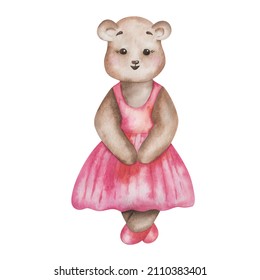 Watercolor Illustration Of Hand Painted Brown Teddy Bear Girl In Dance Studio In Pink Dress, Ballet Shoes. Cartoon Animal Character. Isolated Clip Art For Children Fabric Textile Prints, Poster