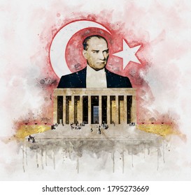 Watercolor illustration of Mustafa Kemal Ataturk founder of the Turkish Republic behind Anitkabir Mausoleum with turkish flag on background