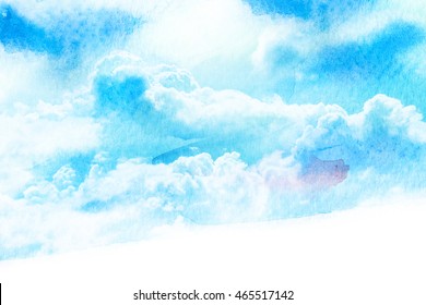 Watercolor Illustration Of Sky With Cloud. Artistic Natural Painting Abstract Background.