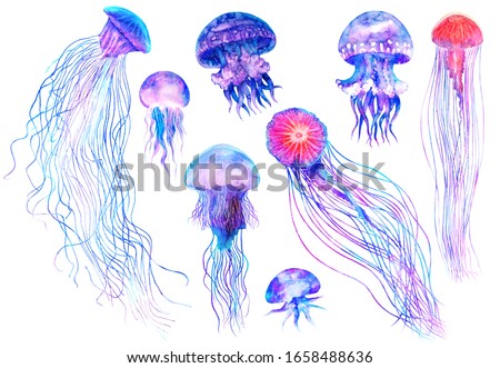 Watercolor jellyfish set in modern bright colors isolated on white background underwater vivid illustration in large size Design element in magic style, purple blue violet glow pink colorful