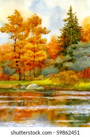 Watercolor landscape. Autumnal forest on the lake - Shutterstock ID 59862451