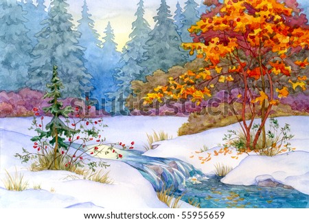 Watercolor landscape. In the forest, the first snow fell
