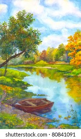 Watercolor landscape. An old boat near the shore of a small river in the autumn forest