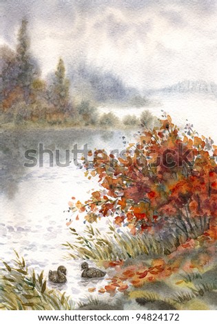 Watercolor landscape. Pictorial sketch of the autumn the lake with a pair of ducks behind a bush on the shore