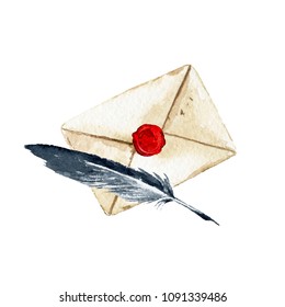 Watercolor letter with wax and feather.