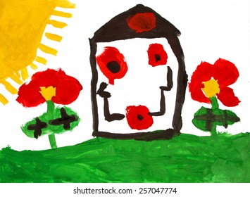 watercolor paint house, flowers, sun