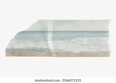 Watercolor painting of a serene beach scene. Soft waves, gentle beach, and calm sea. Tranquil beach, peaceful waves, and soothing sea in watercolor art. Beach washi tape. Creative washi tape.