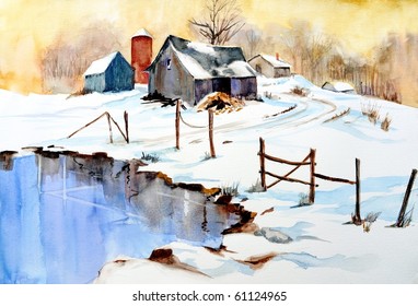 Watercolor Painting Of Winter Scene With Barn And Pond