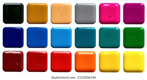 Watercolor Paints In A Plastic Box, On A White Background, Top View, Close-up, No People,