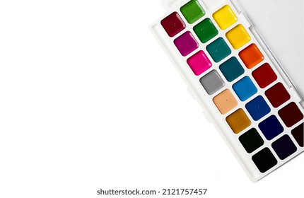 Watercolor Paints In A Plastic Box, On A White Background, Top View, Close-up, No People,