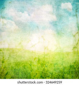 Watercolor And Photo Mixed Together Of Sky And Grass Toned With A Retro Vintage Instagram Filter App Or Action Effect