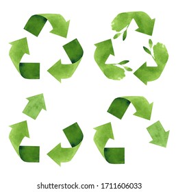 Watercolor recycling, upcycling and downcycling signs, isolated on white background. Hand drawn reuse symbols for ecological design. Zero waste lifestyle. - Shutterstock ID 1711606033