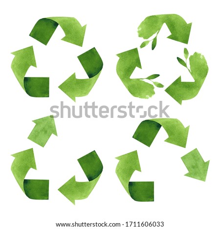 Watercolor recycling, upcycling and downcycling signs, isolated on white background. Hand drawn reuse symbols for ecological design. Zero waste lifestyle.