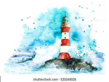 watercolor red and white lighthouse in the ocean with great waves and blue sky isolated on white