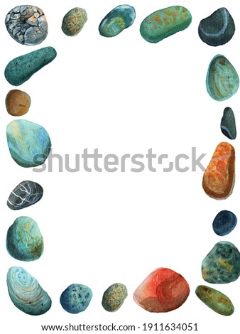 Watercolor sea pebbles vertical rectangular frame, geology, blue, orange stones. Natural texture with paint splashes. Can be used for print. Hand drawn raster stock illustration, white isolated. 