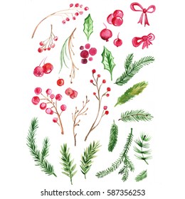 Watercolor set christmas elements Watercolor tree branches   fir cones  raster Isolated white background   Hand drawn set watercolor and holly leaves  berries  spruce branches 