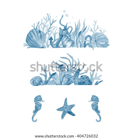 Watercolor set of illustrations with seabed and marine inhabitants: shells,corals, anchor, starfish, seaweed. Watercolor illustration isolated on white background. Handpainted nautical collection.