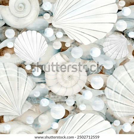 Watercolor shell set. Seamless pattern hand drawn in watercolor. Design elements in nautical style. Suitable for cards, invitations and textiles, scrapbooking.