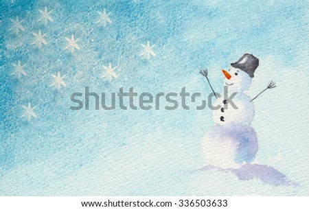 Watercolor showing a jolly snowman in falling snow on a background of a blue sky.