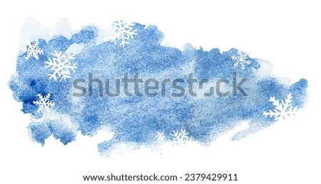 watercolor stain with copy space and snowflakes on a white isolated background