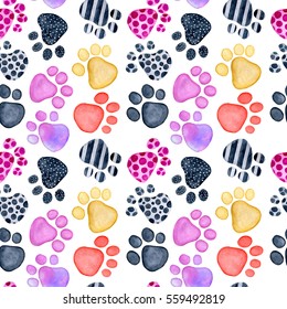 Watercolor Valentine's Day greeting card template, seamless pattern, poster, wrapping paper. Animals footprints