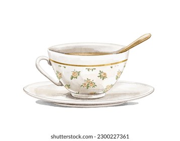 Watercolor vintage tea cup on saucer with golden spoon and floral pattern isolated on white background. Hand drawn illustration sketch