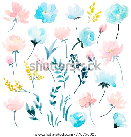 watercolour floral  set , delicate flowers, yellow, blue and pink flowers, greeting card template